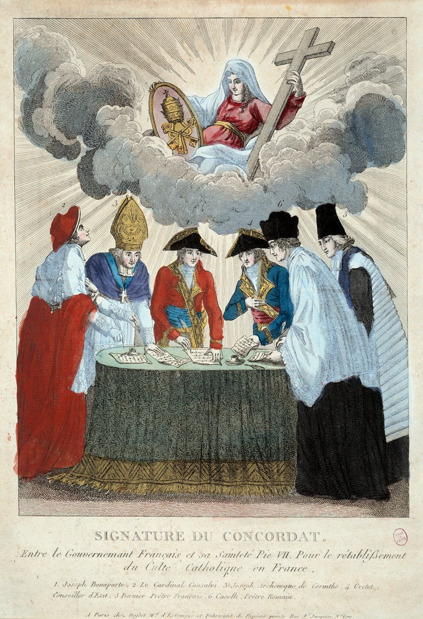 Podpis konkordátu z roku 1801 dne 15. 7. 1801: je podepsán mezi francouzskou vládou (zde zastoupenou Josephem Bonapartem) a Saint Siege (zastoupenou kardinálem Consalvim za papeže Pia VII.). 1801 Paříž, Musee Carnavalet od French School