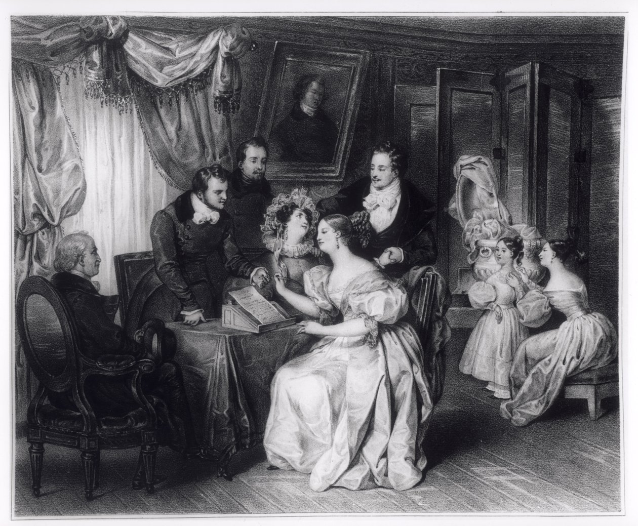 Podepsání manželské smlouvy v kanceláři právního zástupce, kolem roku 1840 od French School