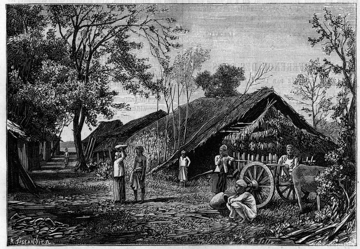 Výroba hedvábí ve vesnici v blízkosti Mandalay v Barmě, kde bourci morušového spřádali svou bavlnu. (Z fotografie hraběte Mahe de La Bourdonnais). Gravírování v „“ La Nature: revue des sciences et de leurs applications aux arts et a l