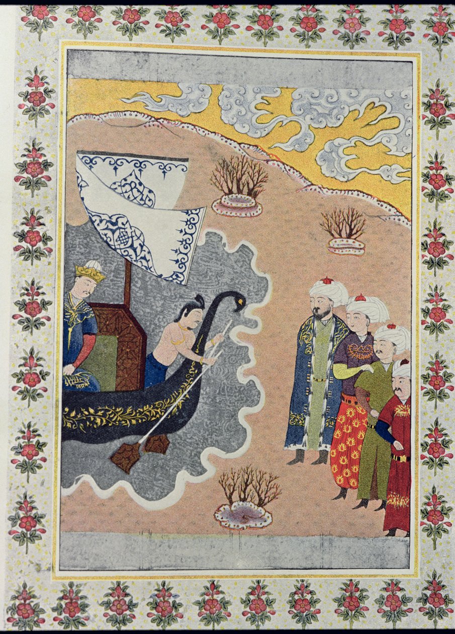 Sindibád nalodění, ilustrace pro Sindibáda námořníka, z Arabských nocí, 1895 (barevná rytina) od French School
