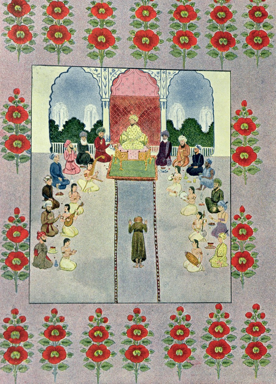 Sindibád námořník přijímá Sindibáda vrátného, ilustrace pro Sindibáda námořníka, z The Arabian Nights, 1895 (barevná rytina) od French School