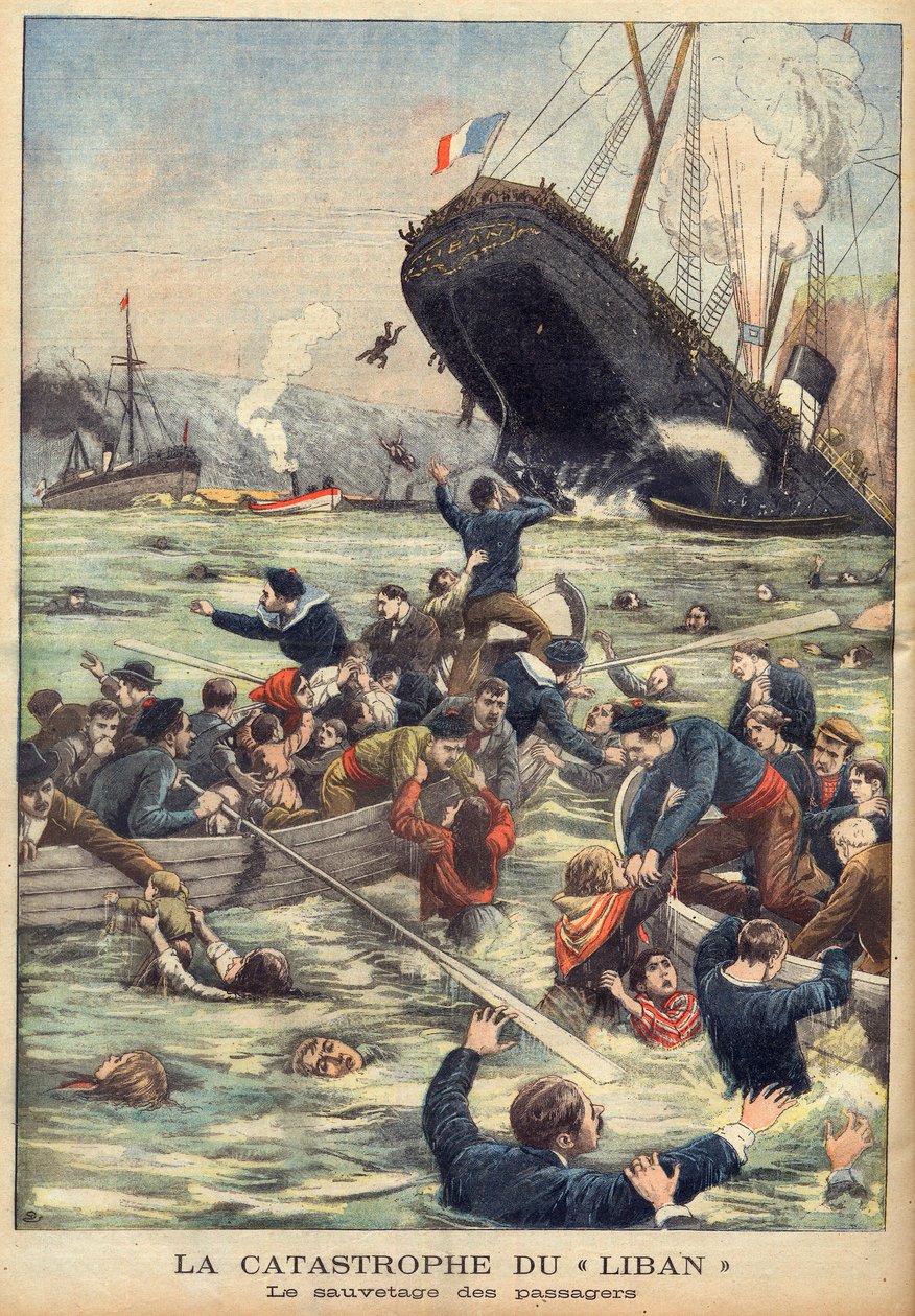 Potopení parníku Liban u Marseille, cestující byli zachráněni v „Le Petit Journal“ du 21/06/1903 (rytina) od French School