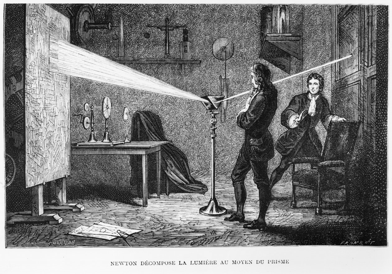 Sir Isaac Newton (1642-1727) rozbíjející světlo hranolem, ilustrace z La Vie des Savants Illustres od Louise Figuiera, 1868 od French School