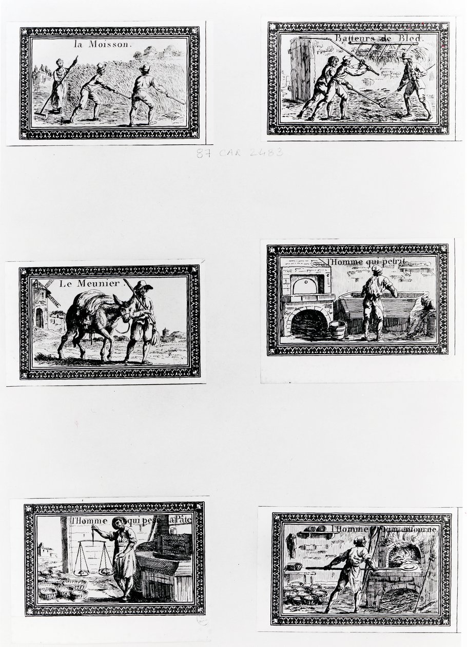 Šest vinět zobrazujících výrobu chleba (rytí) (černobílá fotografie) od French School