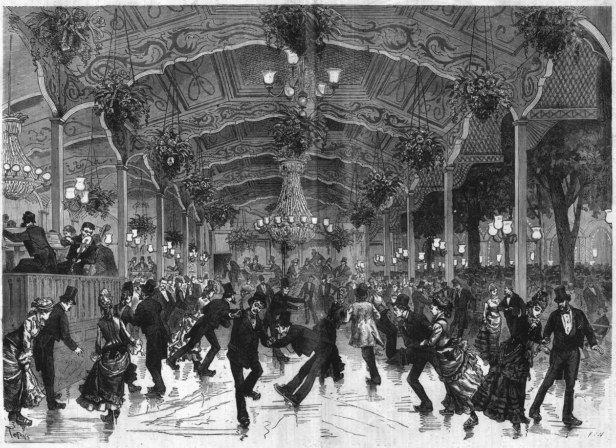 Bruslařský kruh v Bullieru. Track to dance na kolečkových bruslích v Bal Bullier v Paříži. Gravírování v „The Illustrous Universe“ od French School