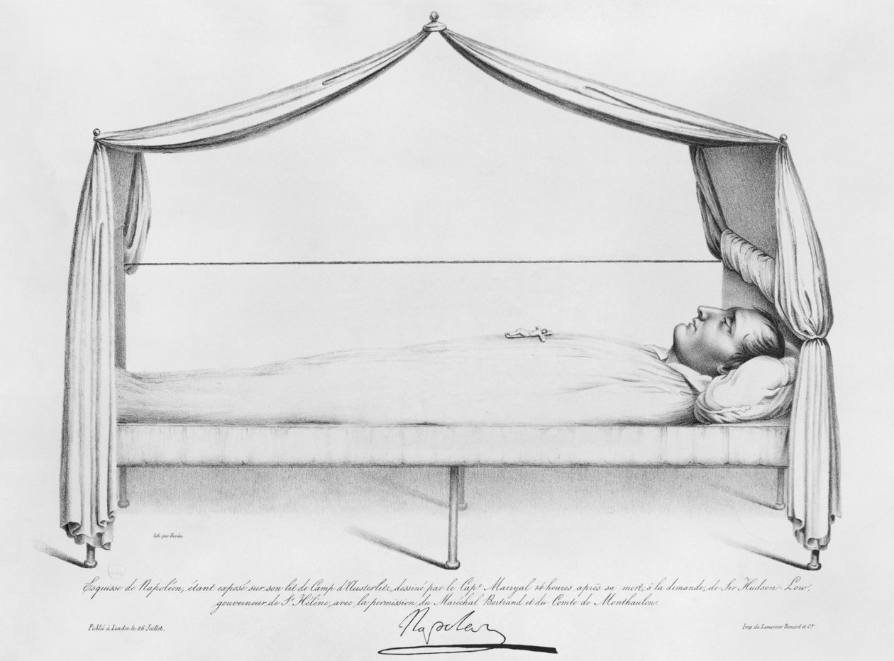 Náčrt Napoleona I. (1769-1821) na jeho smrtelné posteli nakreslený na Svaté Heleně od Capitaine Marryal, vyrytý Bordesem, 5. května 1821 od French School