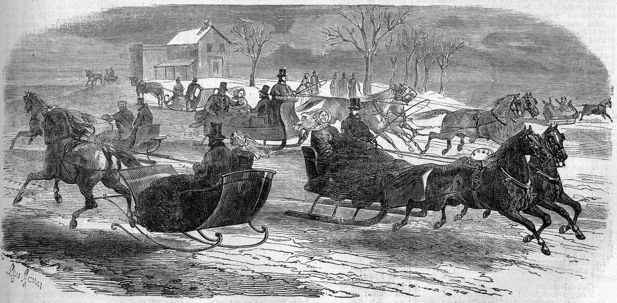 Sled in New York (New York), Spojené státy americké (Spojené státy americké), zima 1858. Rytina v „“ Le Monde Illustré““ č. 47 ze dne 6. března 1858. od French School