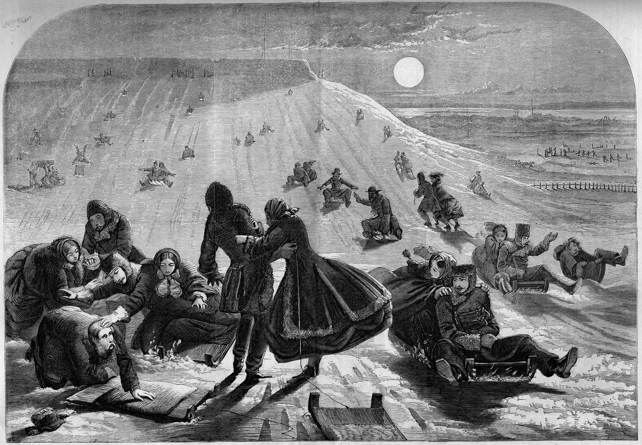 Sáňkování v Montrealu, Kanada, zima 1859. Rytina v „“ Le Monde Illustré““ č. 98 z 26. února 1859. od French School