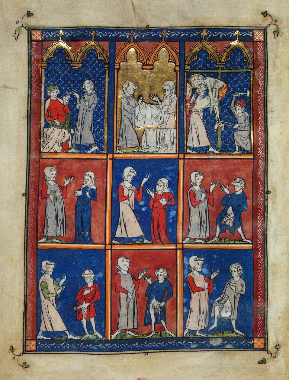 Sloane 1977, f.7v The Chirurgia: Joseph of Arimethea žádající o Kristovo tělo, Joseph a žena s pohřebním prádlem, a Deposition, a níže, dvě ženy předkládající nemocné prso lékaři a čtyři muži s různými genitálními chorobami. od French School
