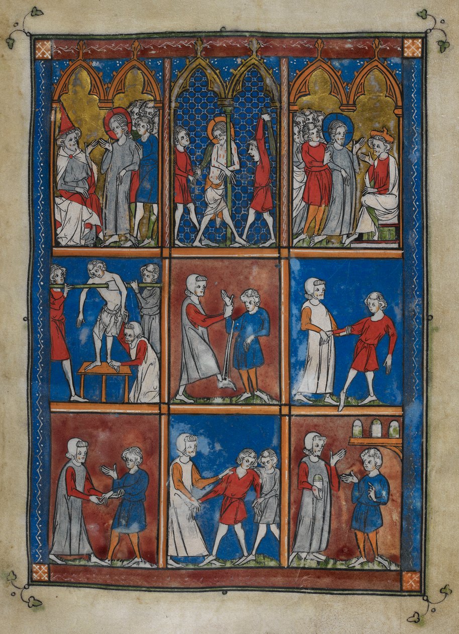 Sloane MS 1977 fol.6r Devět miniatur zobrazujících biblické a lékařské výjevy. Nahoře Kristus před Kaifášem a Pilátem; bičování. Centrum a níže, lékaři ošetřující pacienty se zlomenými kostmi a jinými nemocemi od French School