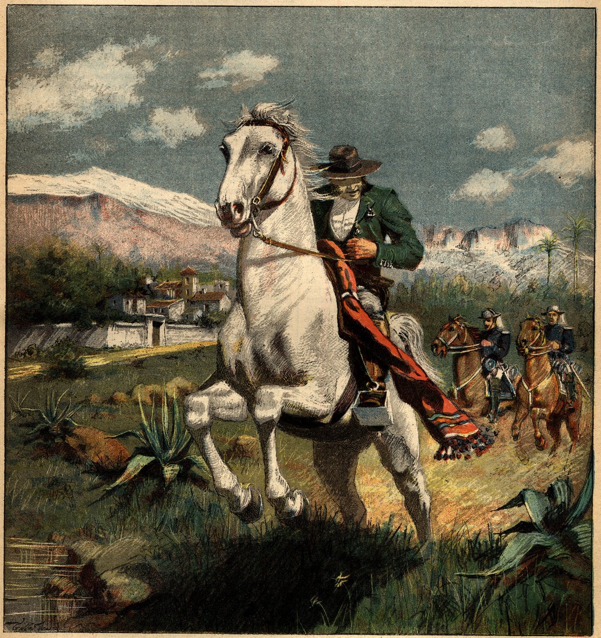 Pašerák v Pyrenejích pronásledovaný královskými karabiniéry. Rytina v „“ La Terre Illustree““ č. 75 ze 7. dubna 1892. od French School