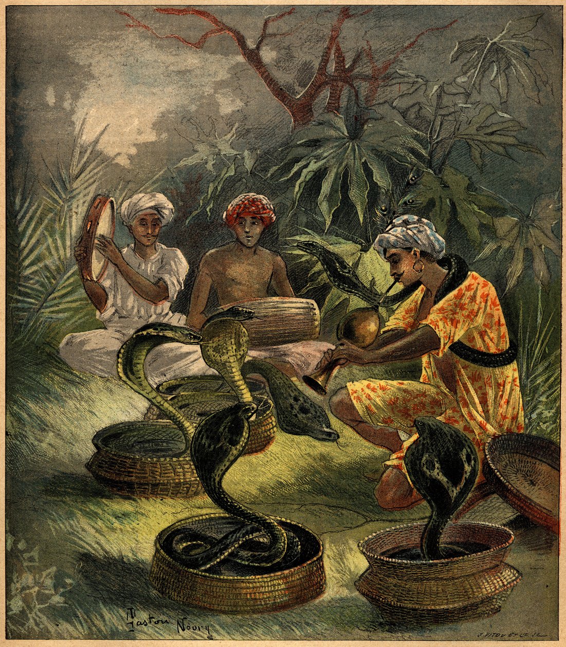 Zaklínači hadů (kobry) v Indii. Rytina v „La Terre Illustree““ č. 94 z 18. srpna 1892. od French School