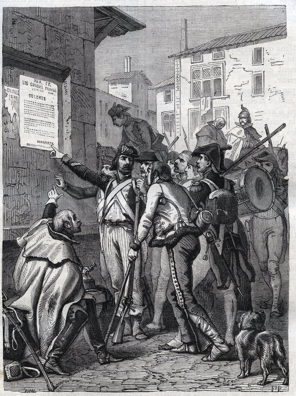 Vojáci, vaše potřeby jsou skvělé: francouzští vojáci čtou provolání generála Bonaparta v listopadu 1799 - rytina z roku 1865 v „Histoire du Consulate et de l