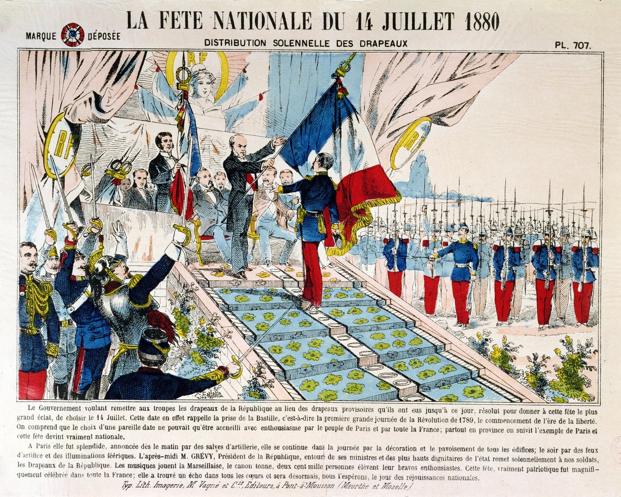 Slavnostní rozdávání vlajek v Longchamp prezidentem Julesem Grevym (1807-91), 14. července 1880, 1880 od French School