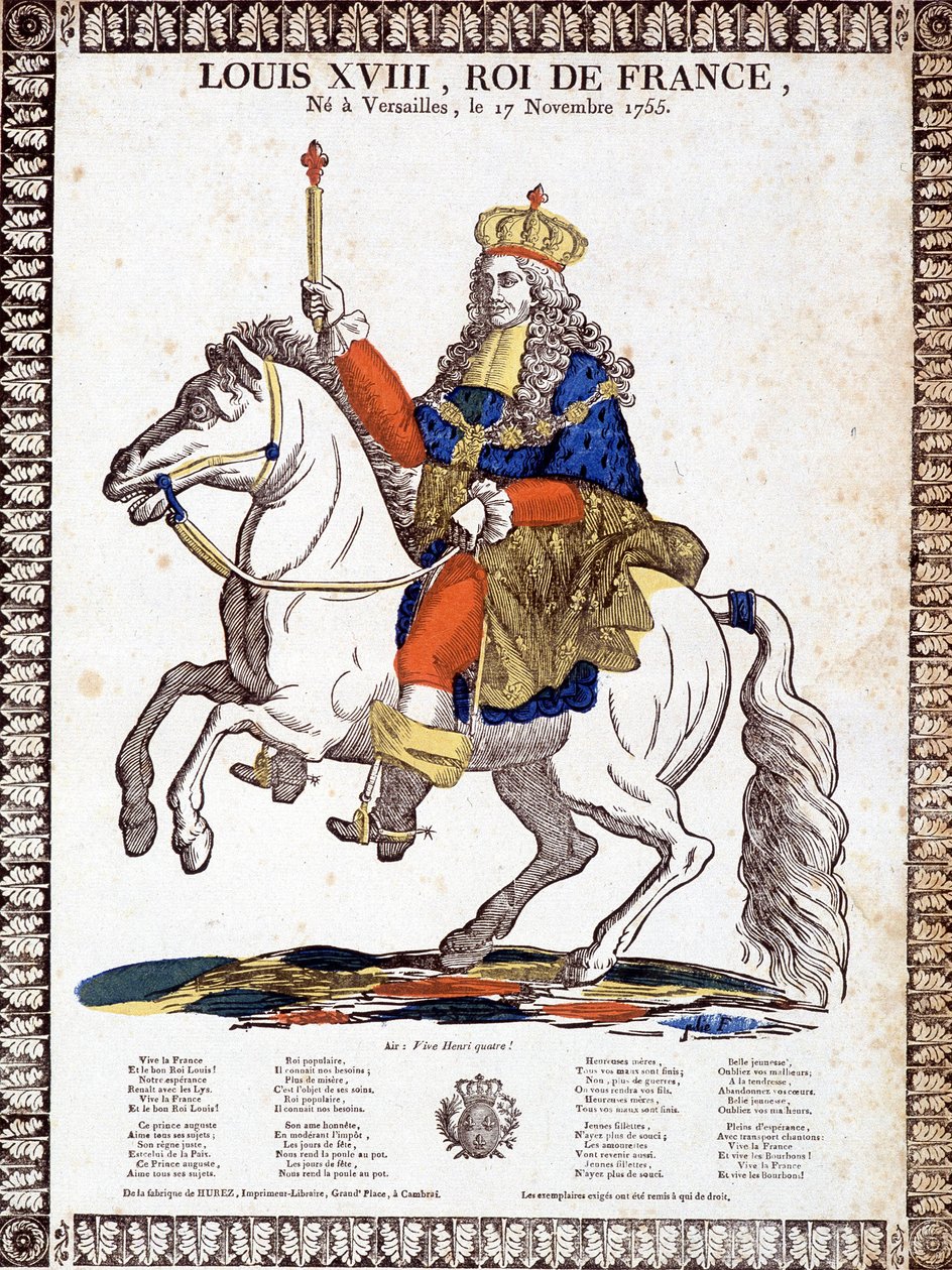 Píseň na počest francouzského krále Ludvíka XVIII., ilustrovaná jezdeckým portrétem krále (rytina) od French School
