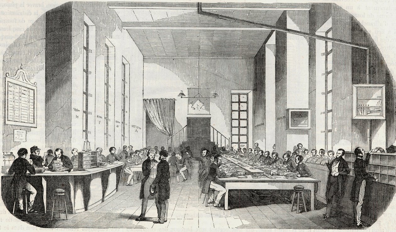Třídění dopisů z Paříže - rytina do „“ Tableau-de-Paris““ od Edmonda Texiera 1852 od French School
