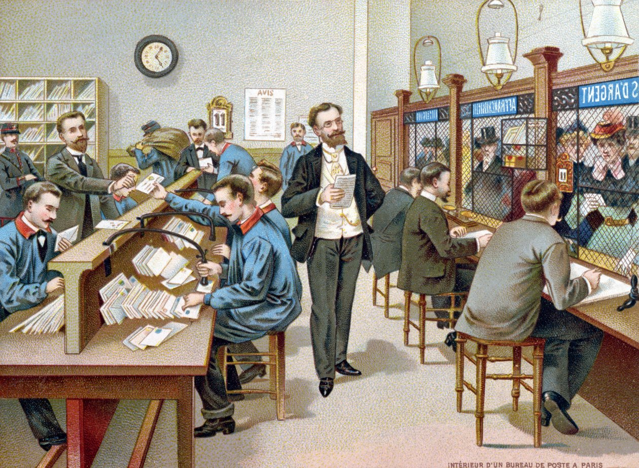 Třídění pošty v pařížské poště, ilustrace z kalendáře pošty, 1904 od French School