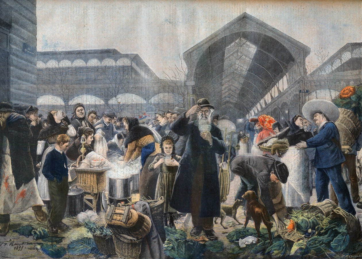 Stánek s polévkou na trhu Les Halles v dopoledních hodinách, ilustrace z 