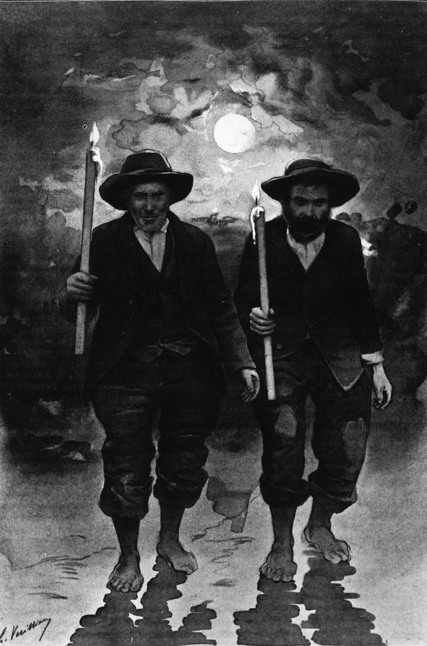 Zdroj a nemocní: dva muži, jeden noční úplněk, každý drží svíčku a chodí bos (průvod?) - v „Journal des voyages“ od French School