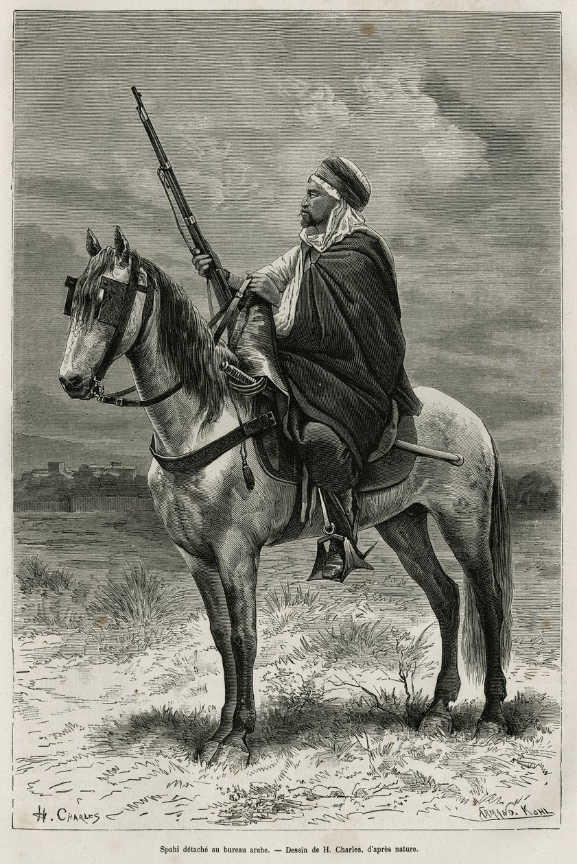 Spahi, výkonný jezdec a děs přispívající k dobytí Alžírska, ve službách Francie, odchází v arabské kanceláři, rytina podle kresby H.Charlese, aby ilustroval příběh Tebessa a její památky (Alžírsko), od A. Herona de Villefosse, od French School