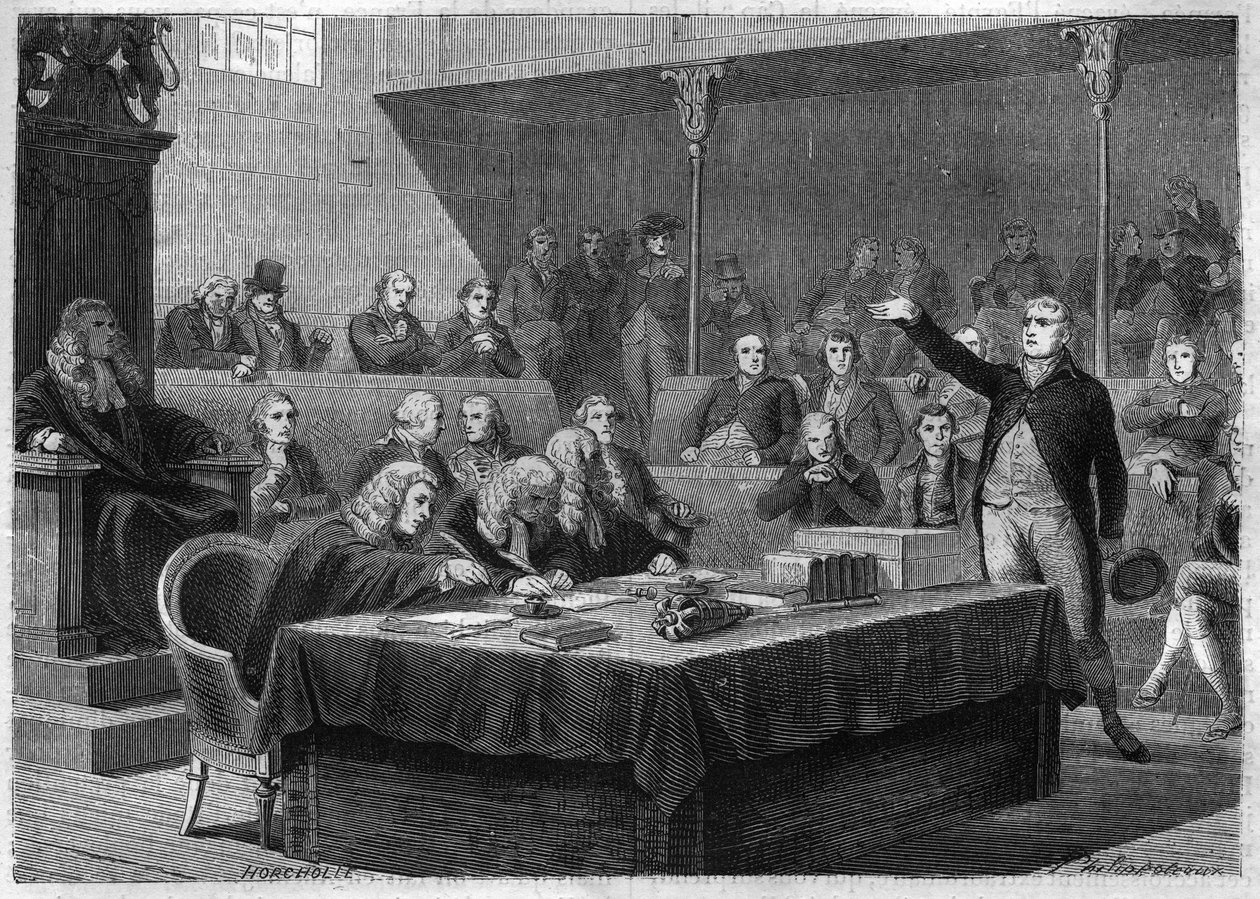 Projev zástupce Foxe k parlamentu Anglie o francouzské invazi do Švýcarska, listopad 1802 – rytina z „“ Histoire du Consulate et de l