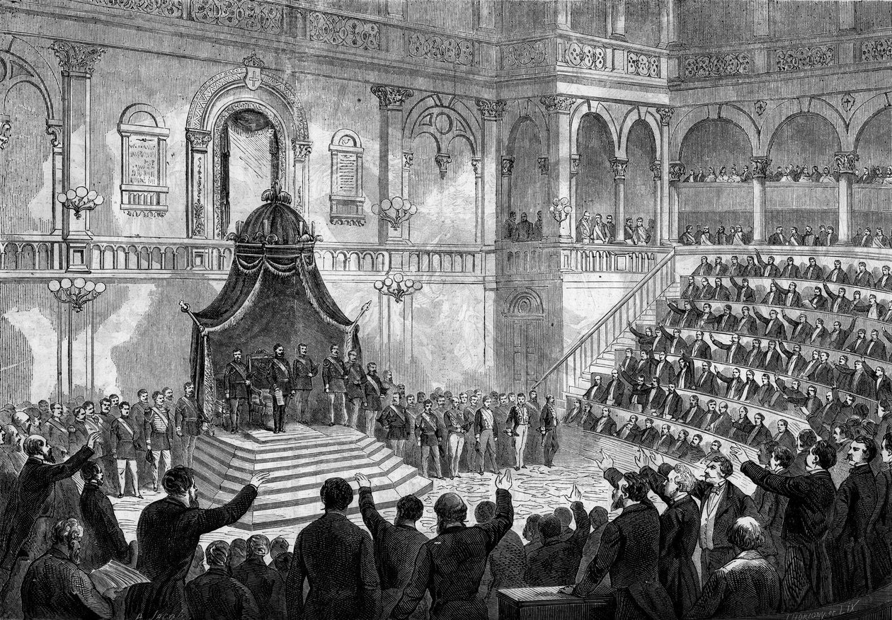 Projev italského krále Viktora Emanuela II. (Vittorio Emanuele) (Victor-Emmanuel) (1820-1878) na zahájení zasedání italských států v parlamentu v Turíně od French School