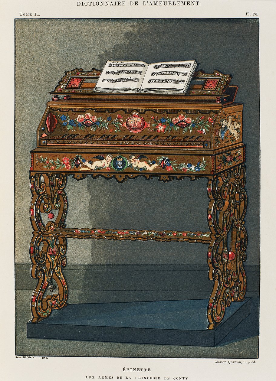 Spinet s erbem princezny z Conti, ilustrace ze Slovníku nábytku a dekorací, Henry Havard, svazek I od French School