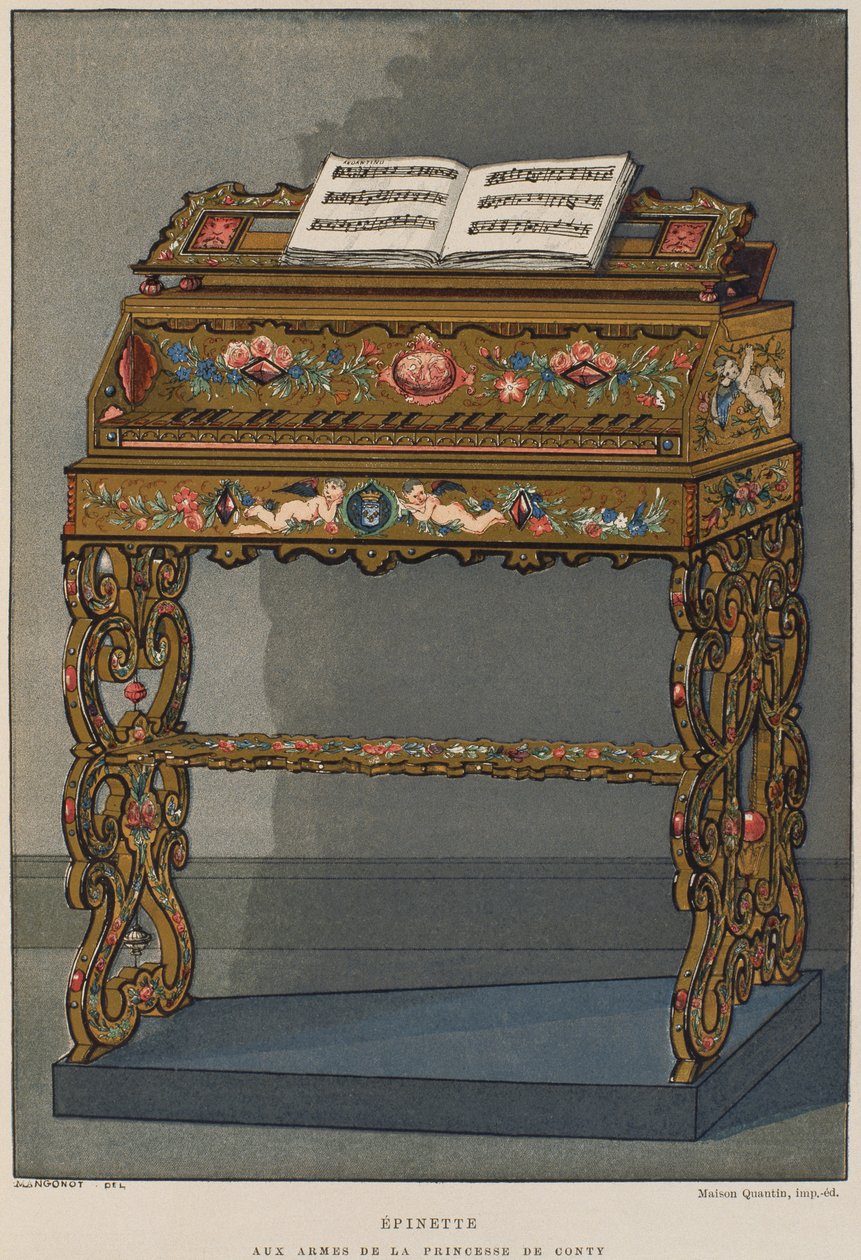 Spinet s erbem princezny z Conti, ilustrace z Dictionnaire de lameublement et de la decoration od Henryho Havarda, svazek 2, deska 26, Paříž, Maison Quantin, 1878 (barva litho od French School
