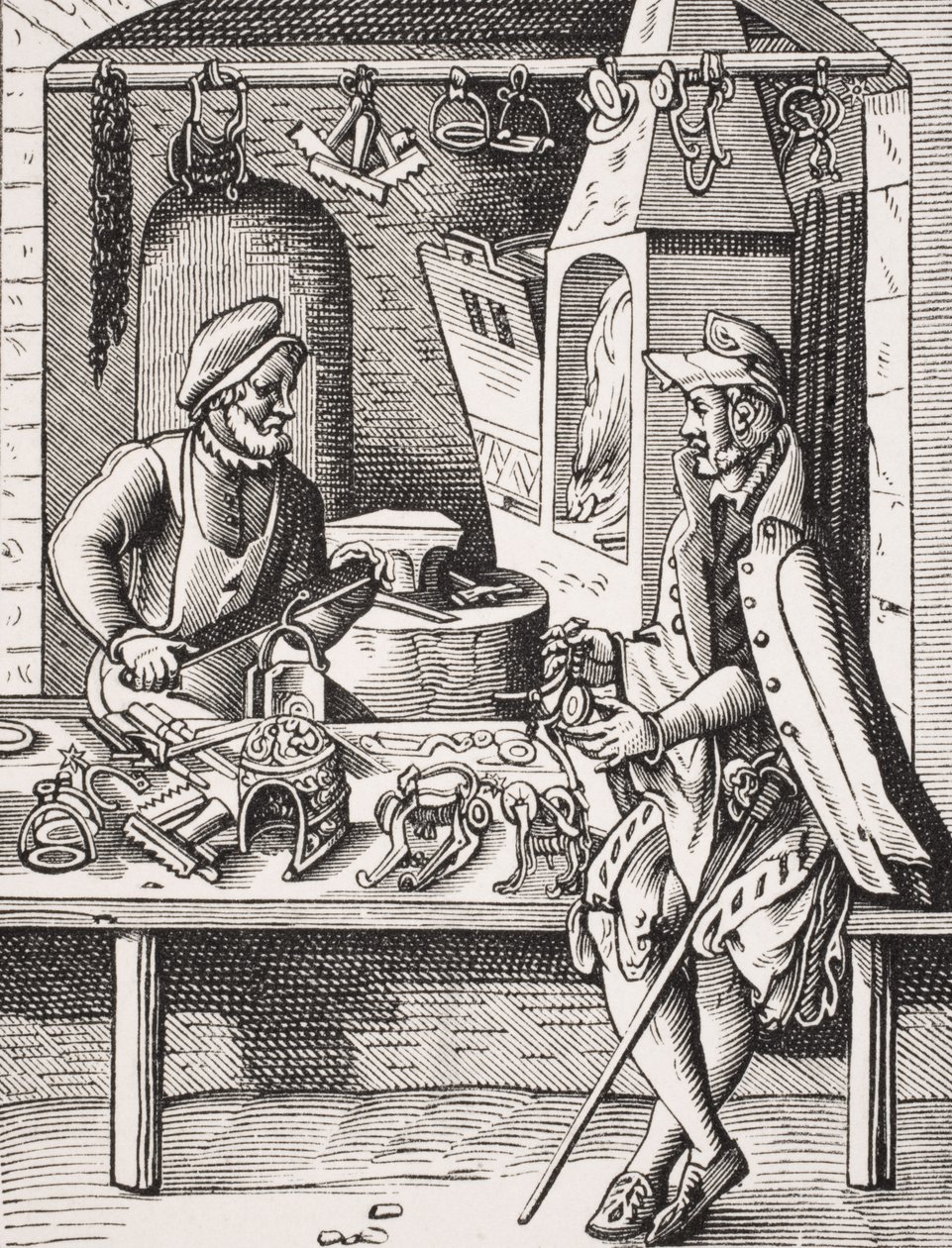 Spur Maker, reprodukce dřevorytu od Josta Ammana (1539-91) z „Le Moyen Age et La Renaissance“ od Paula Lacroixe (1806-84) vydaného 1847 (litho) od French School
