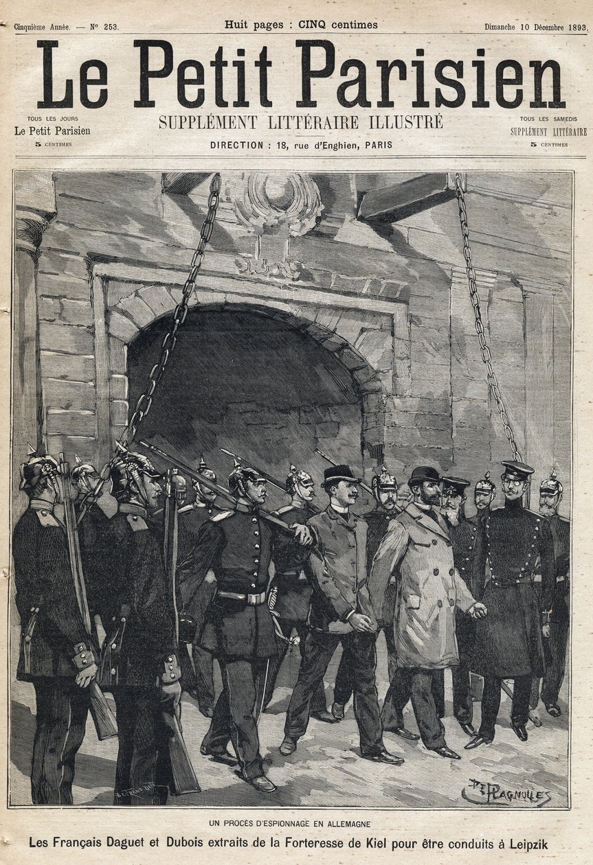 Špionážní proces v Německu: Francouzi Daguet a Dubois převezeni z pevnosti Kiel do Lipska. Jeden z novin „Le petit Parisien““ dne 12.10.1893 (rytina) od French School