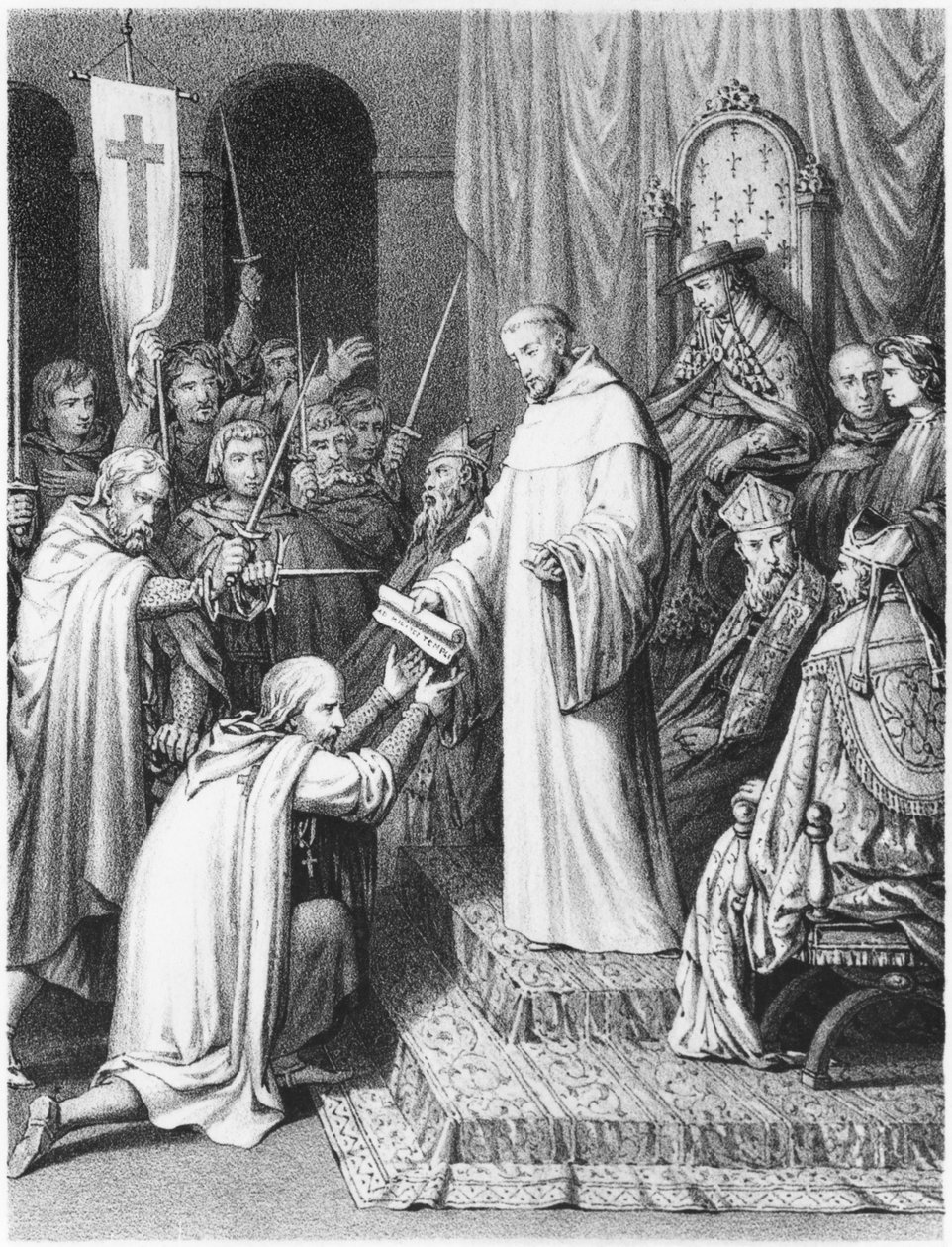 Svatý Bernard, opat z Clairvaux, dává templářům jejich pravidla. od French School