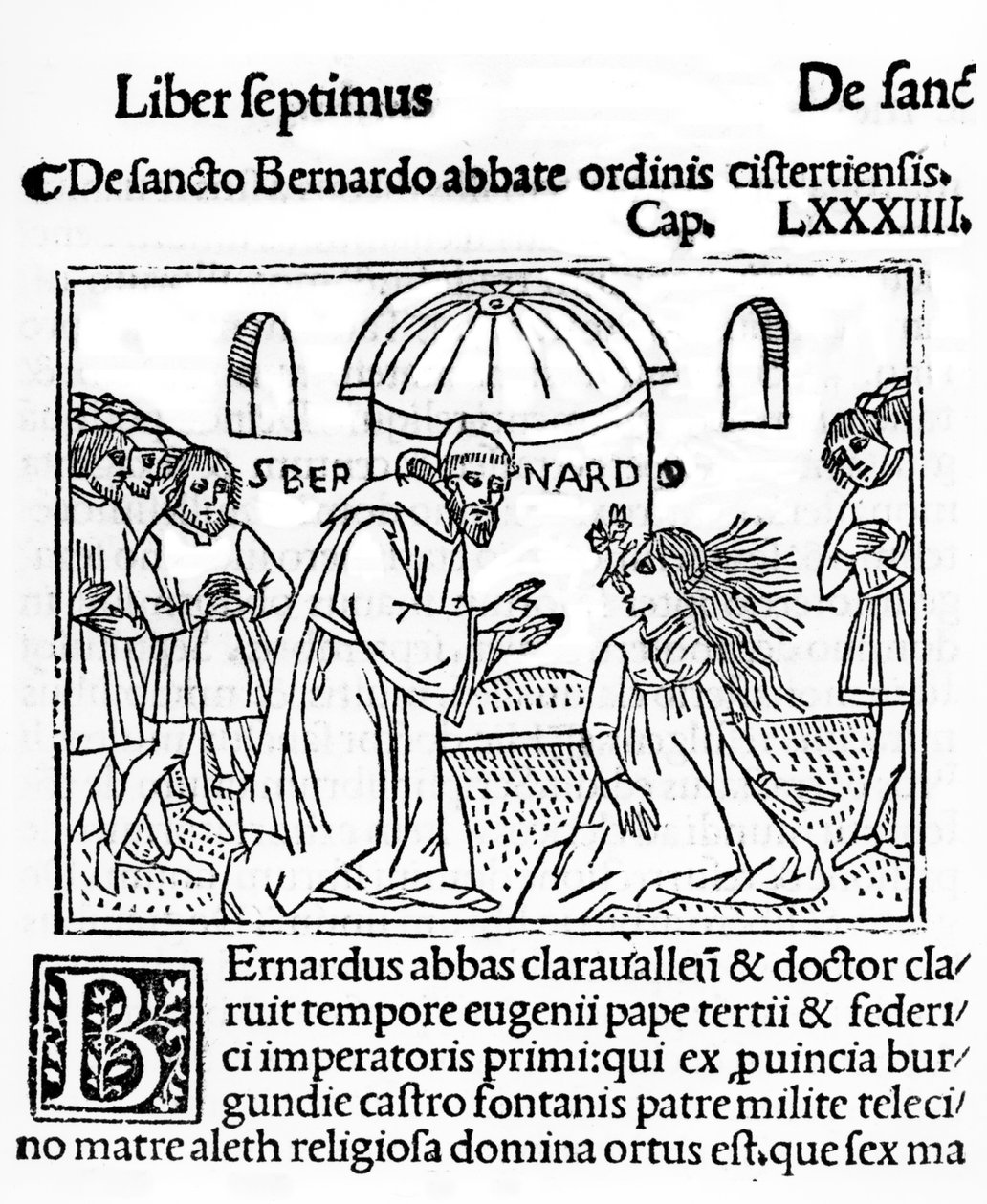 Svatý Bernard z Clairvaux Vymítání posedlé ženy, ilustrace z La Vie des Saints publikovaná v roce 1506 od French School