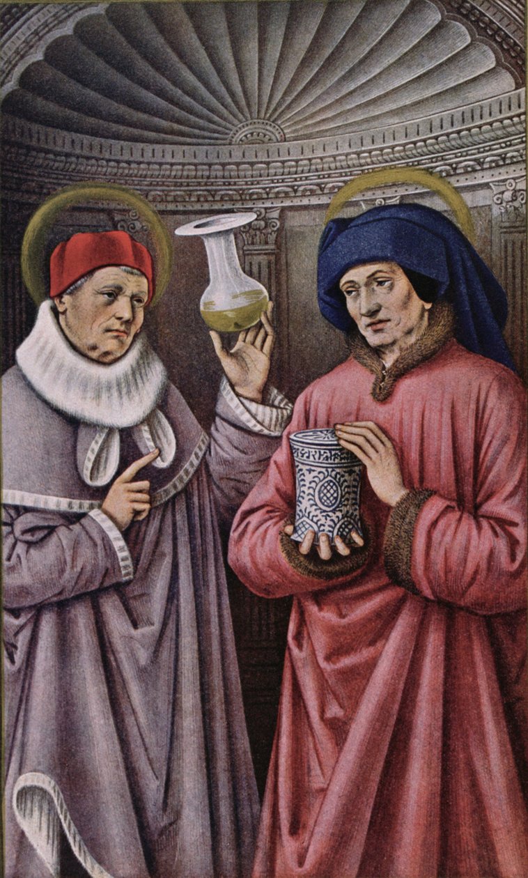 Svatý Kosmas a sv. Damián, patroni lékařů a lékárníků, opis z Knihy hodin Anny Bretaňské od French School