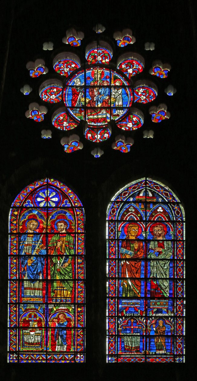 Svatý Kosmos, Svatý Damien, Svatá Gervais a Proteus; dárcovští kněží; the Virgin & Child above (w120) od French School