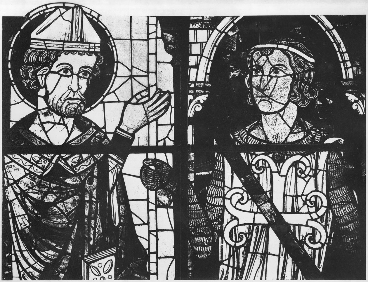 Sv. Denis dává oriflamme rytíři Klementovi (marechal z Metz), detail, Jižní růže Oslava našeho Pána Ježíše Krista, od French School
