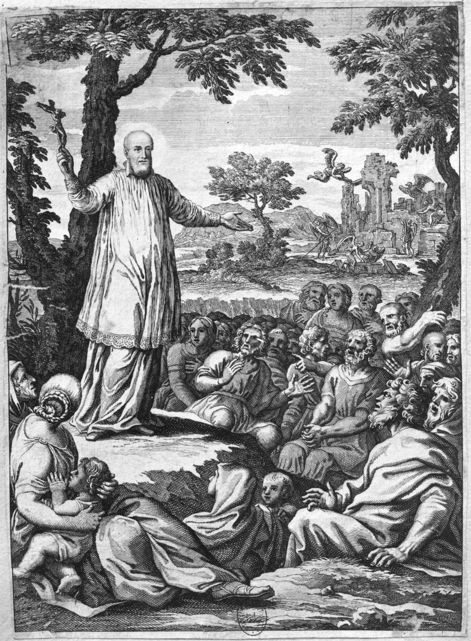 Sv. František Saleský (1567-1622) kázání heretikům z Chablais (rytina) (č. foto) od French School