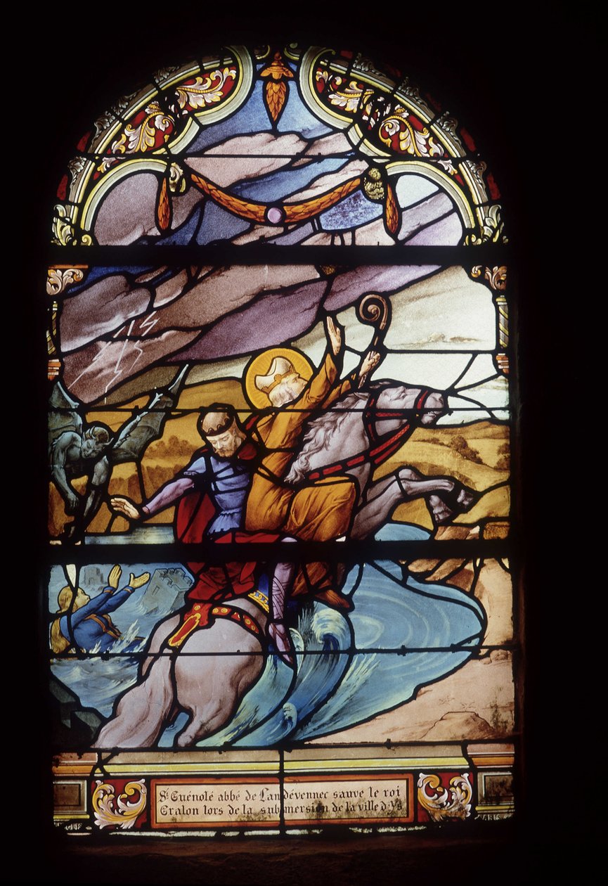 St Guenolé, opat z Landévennec, zachraňuje krále Gralona během zaplavení města Ys - vitráže kostela St Germain v Kerlaz od French School