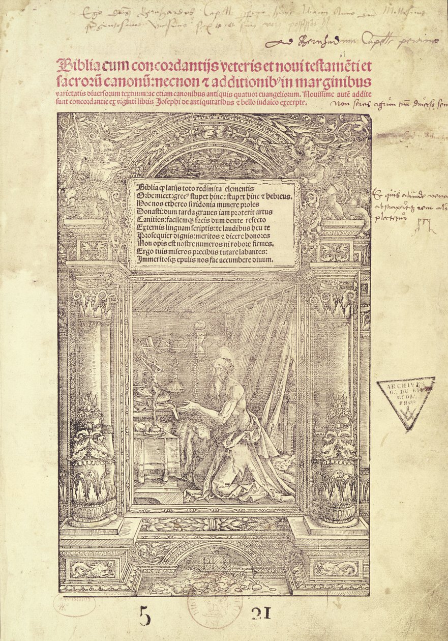 Sv. Jeroným ve svém studiu, titulní strana Bible, tisk J. Marion, Lyon, 1521 od French School