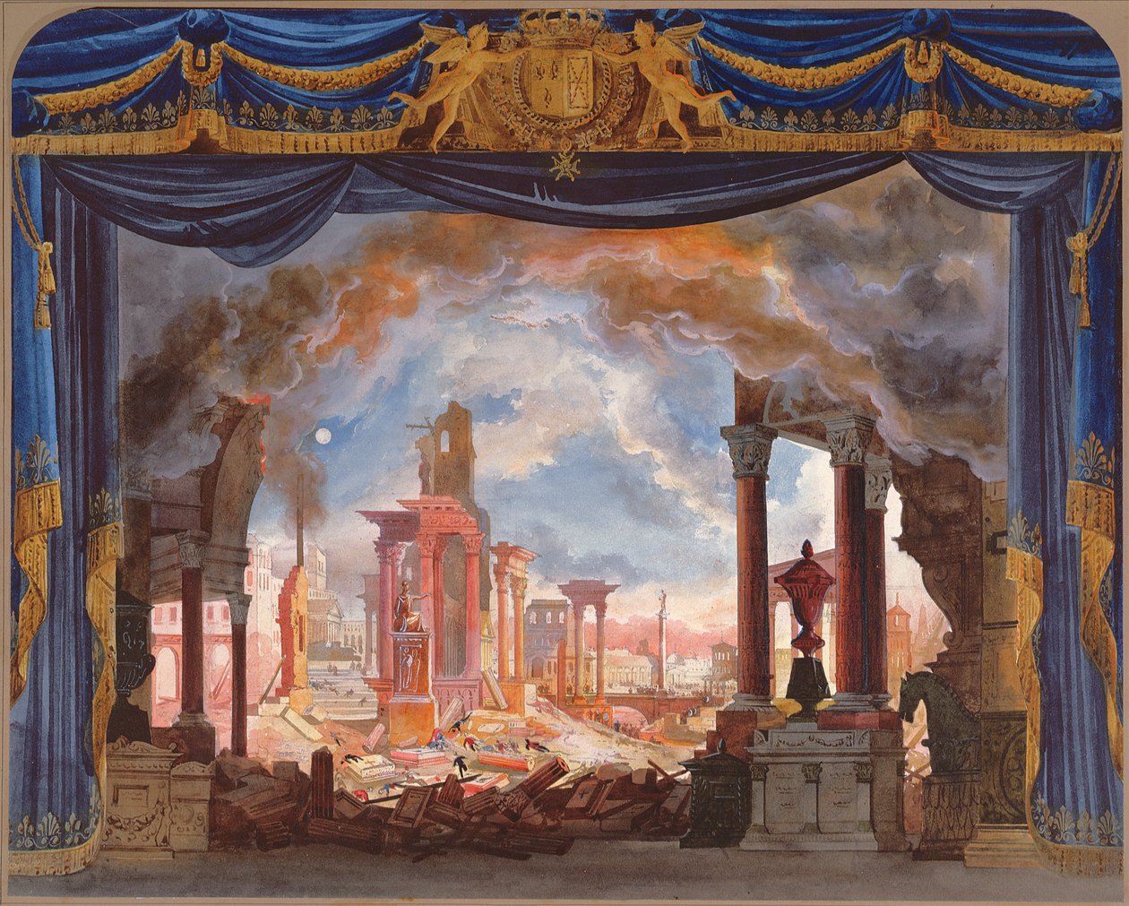Scénický design pro dějství III Le Siege de Corinthe od Rossiniho (wc na papíře) od French School