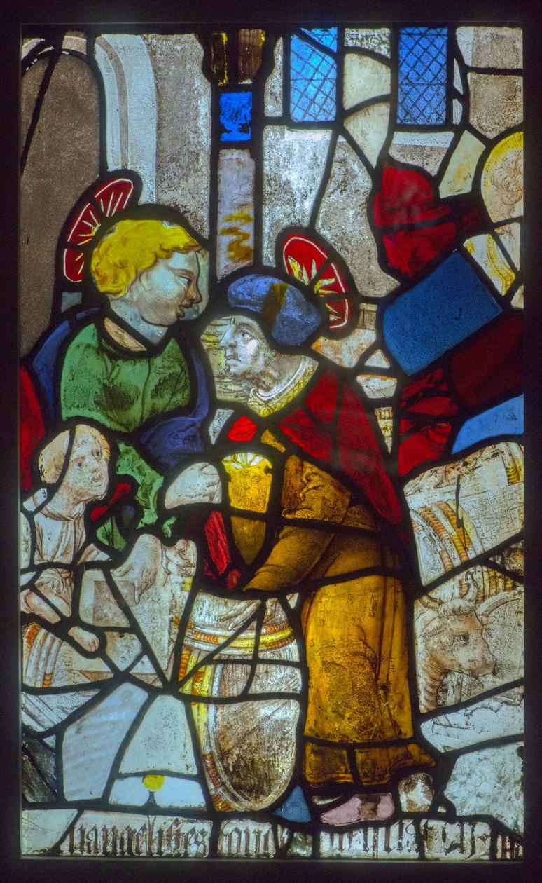 Vitráže, evangelisté skladující sudy (téma mystického lisu) od French School