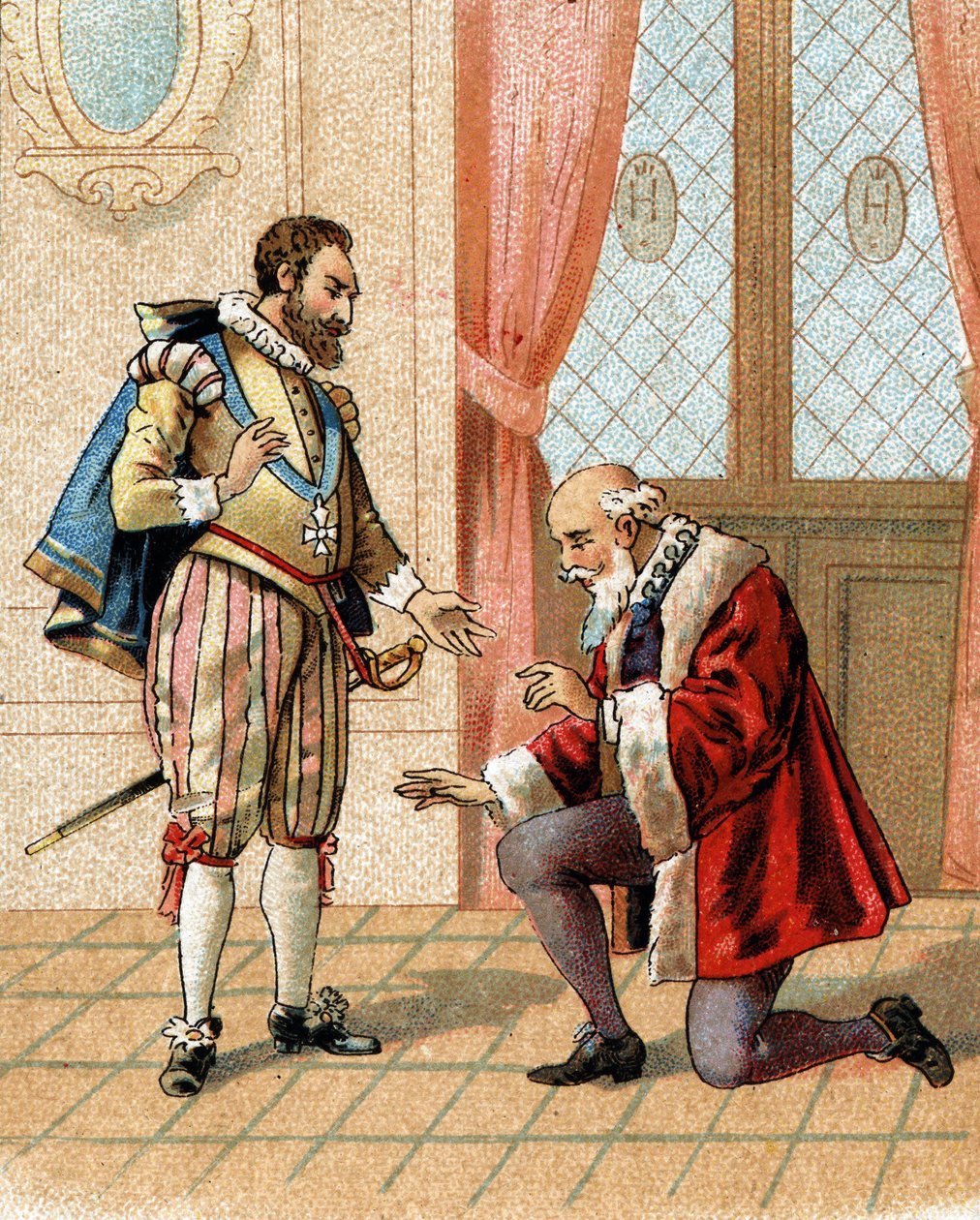 Vstaň, příteli, vaši nepřátelé řeknou, že odpouštím, řekl král Jindřich IV. Maxmiliánovi z Bethune (vévodovi ze Sully) (1559-1641) v roce 1598, který po živé diskusi poklekl. od French School