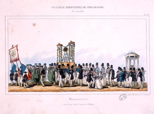 Začátek průvodu tesařů ve Štrasburku, 25. června 1840 (barevná litografie) od French School