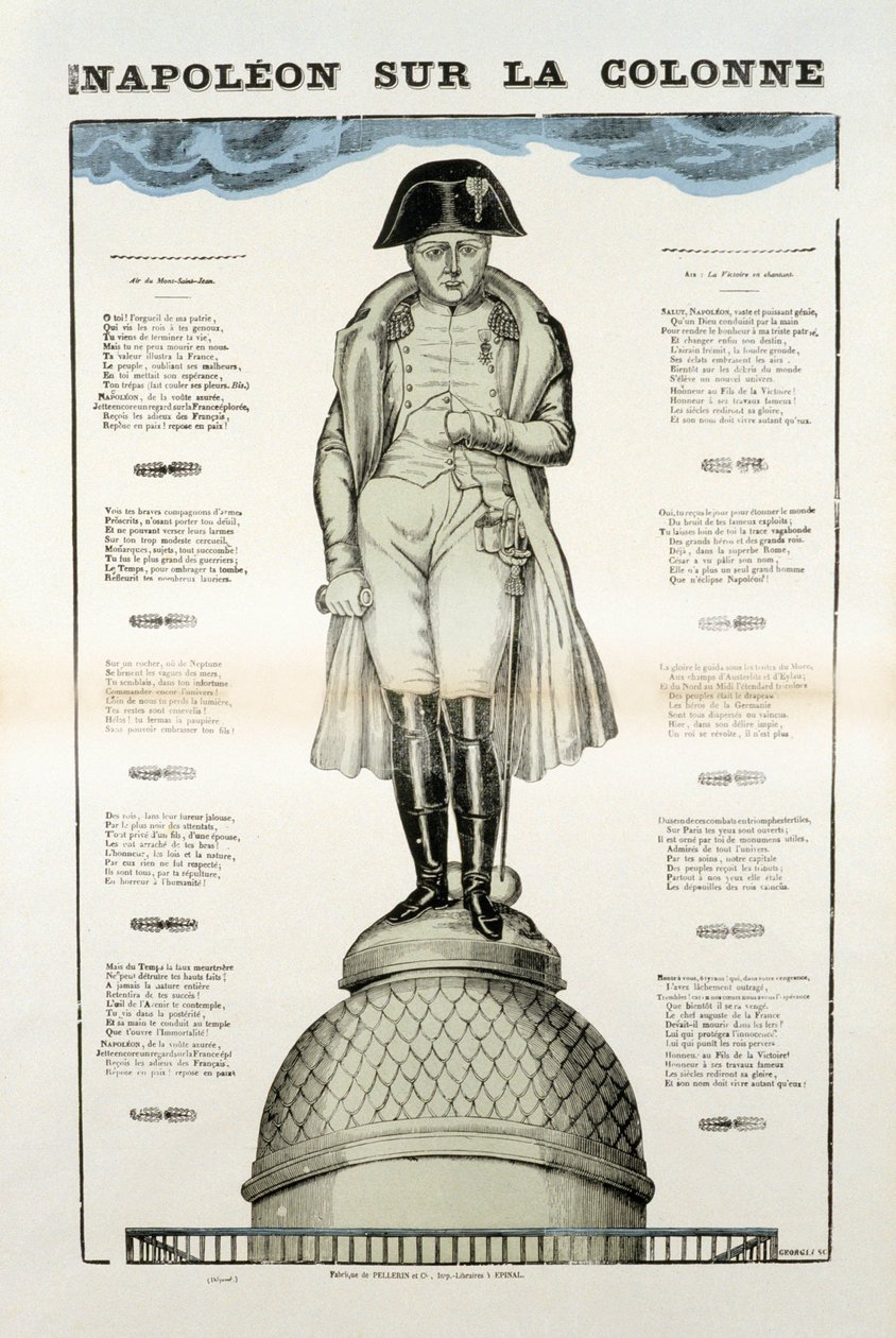 Socha Napoleona I. Bonaparte (1769-1821) na sloupu Vendome v Paříži. Obrázek Epinal od French School