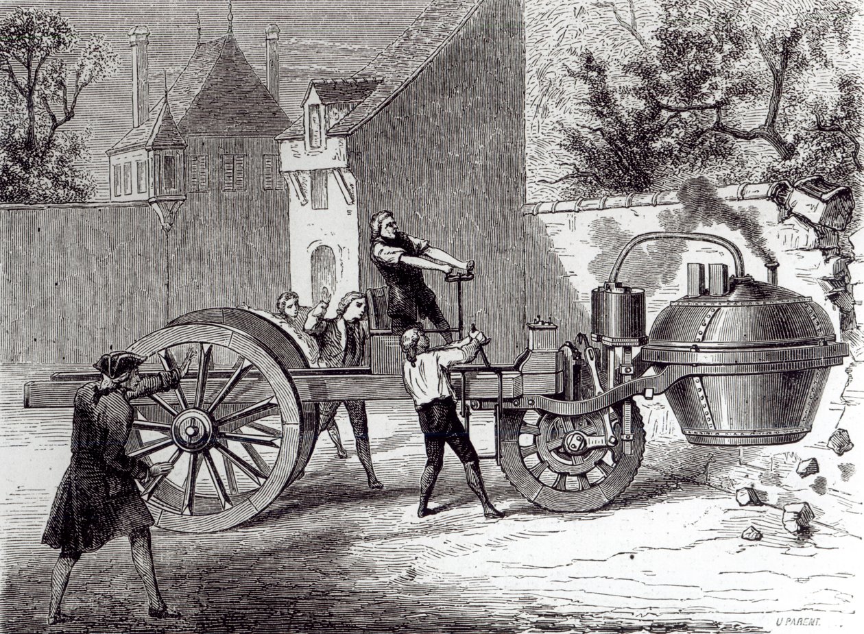 Parní automobil vynalezený Nicolasem Josephem Cugnotem (1725-1804) v roce 1771, 1886 od French School