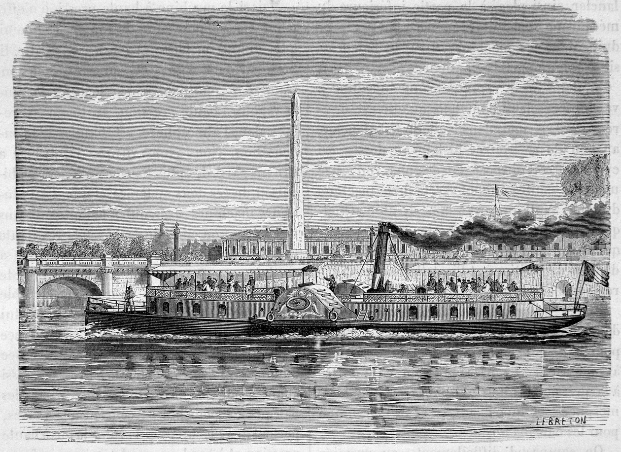 Parní člun (kolový) určený k omnibusové službě na Seině v Paříži během Světové výstavy v roce 1867 - rytina, konec 19. století od French School