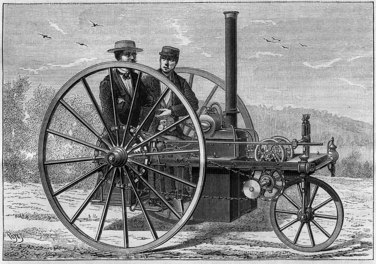 Parní vůz, systém Charles Palmers, poháněný kotlem na koks, do rychlosti 10 až 12 kilometrů za hodinu. Gravírování v „“ La Nature. Revue des sciences et de ses applications aux arts et a l