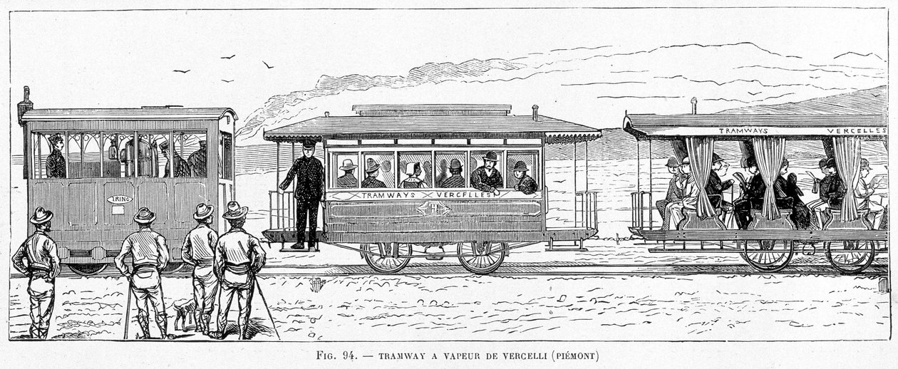 Parní tramvaj Vercelli (Piemont) - v „Nových výdobytcích vědy“ od Louise Figuiera od French School