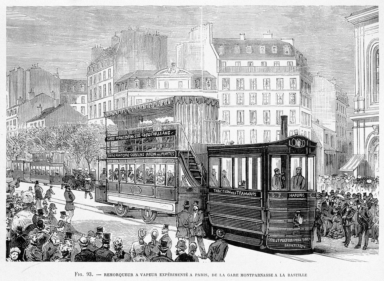 Parní remorkér pro zkušené tramvajové vozy v Paříži, ze stanice Montparnasse do Bastille – v „Nových výdobytcích vědy“ od Louise Figuiera od French School