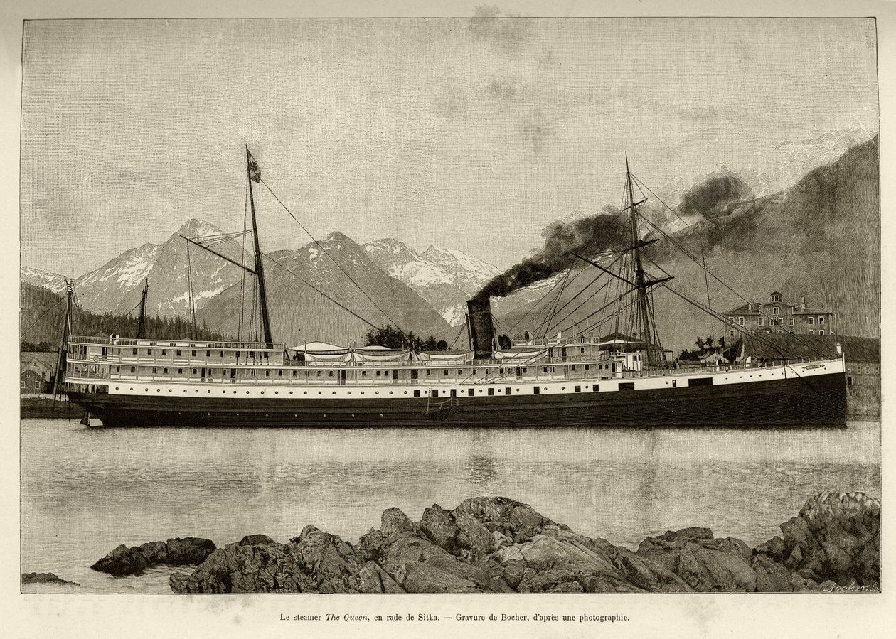 Parník The Queen, v přístavu Sitka (Aljaška, USA). Rytina od Bochera, v roce 1890, v Le tour du monde, nouveau journal des voyages, editoval Edouard Charton (1807-1890), 2. semestr 1891, vydání Hachette, Paříž. od French School
