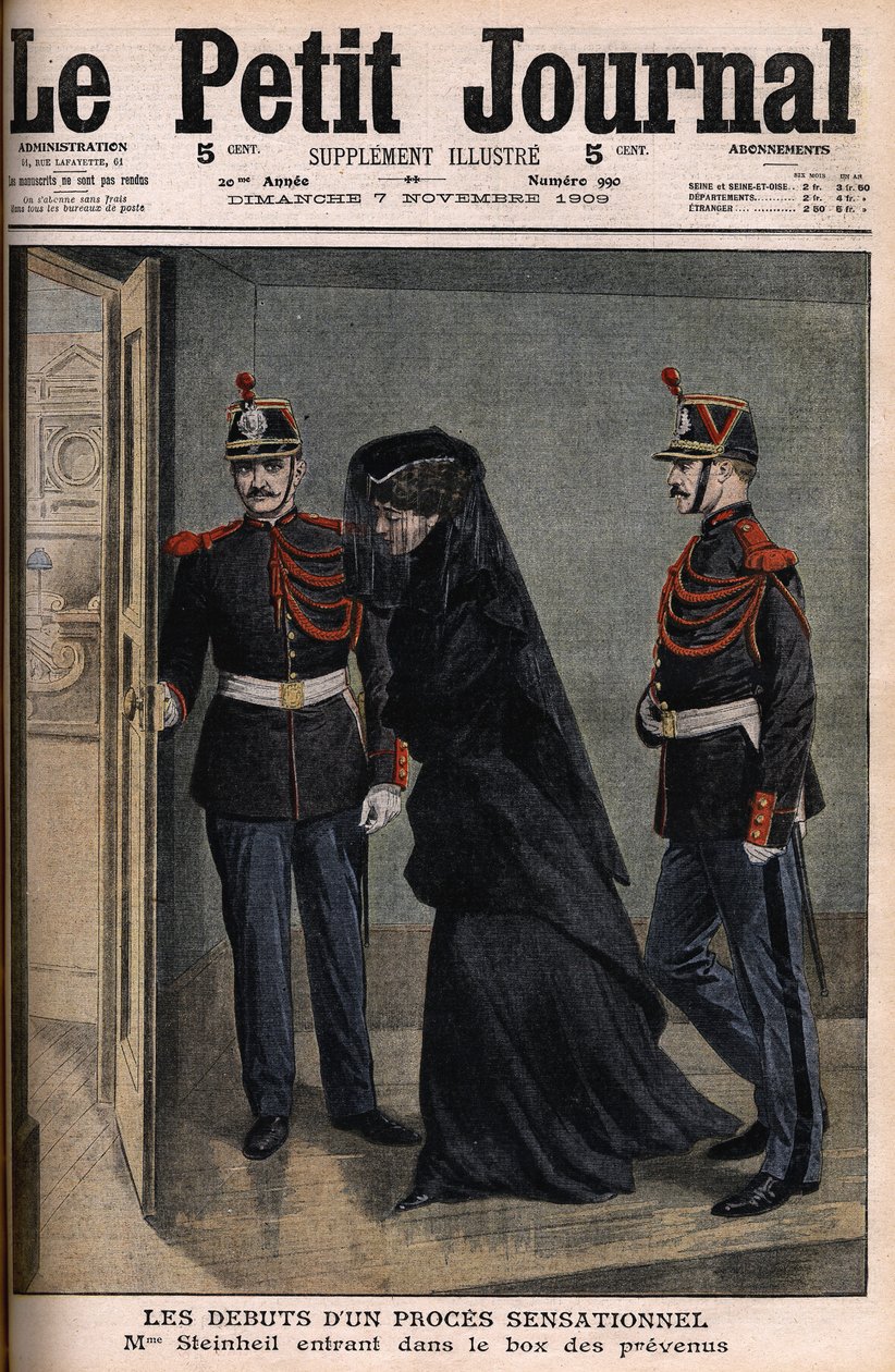 Případ Steinheil: Marguerite Steinheil (1869-1954) vstupující do lóže obžalovaných - Le Petit Journal, 7. listopadu od French School